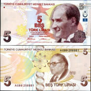 *5 lír Turecko 2009, P222a UNC, červená - Kliknutím na obrázok zatvorte -